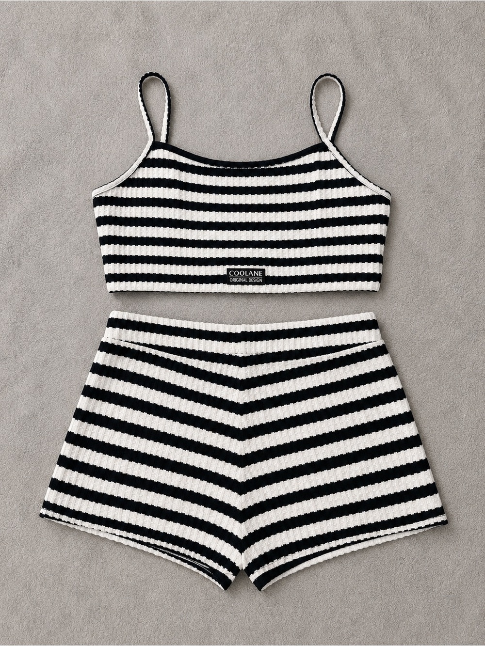COOLA Black and White Striped Ribbed Cami & High-Waist Shorts Set